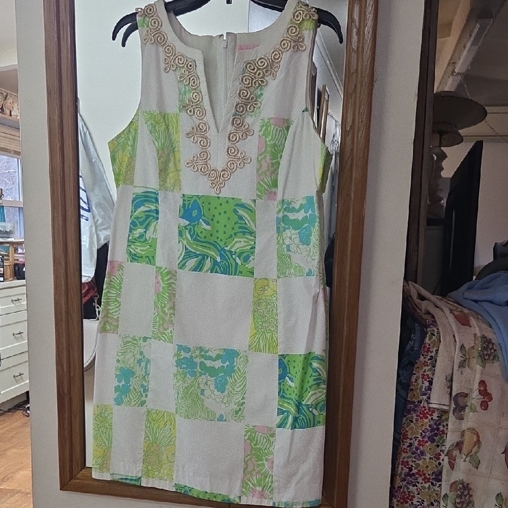 Lilly Pulitzer Patchwork Midi Dress in White, Green, Blue, Pink